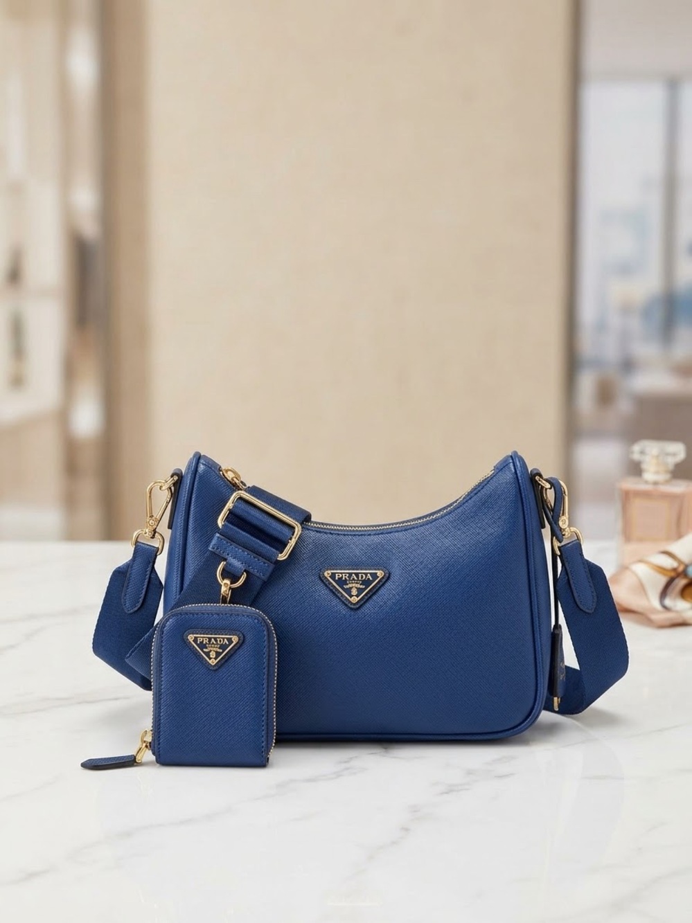 Prada Cobalt Blue Saffiano Leather Shoulder Bag with Coin Pouch